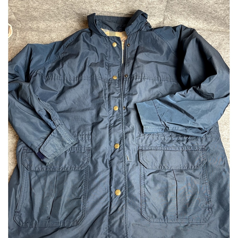 Vintage Woolrich Blue Rain Coat Jacket Plaid Wool Lined Women M Made in USA